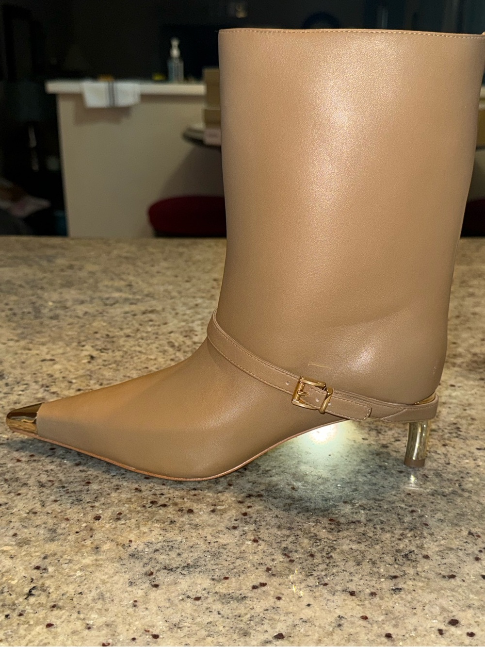 Women’s Kasia Tan Mid-Calf Pointed Toe Boot with Gold Accent